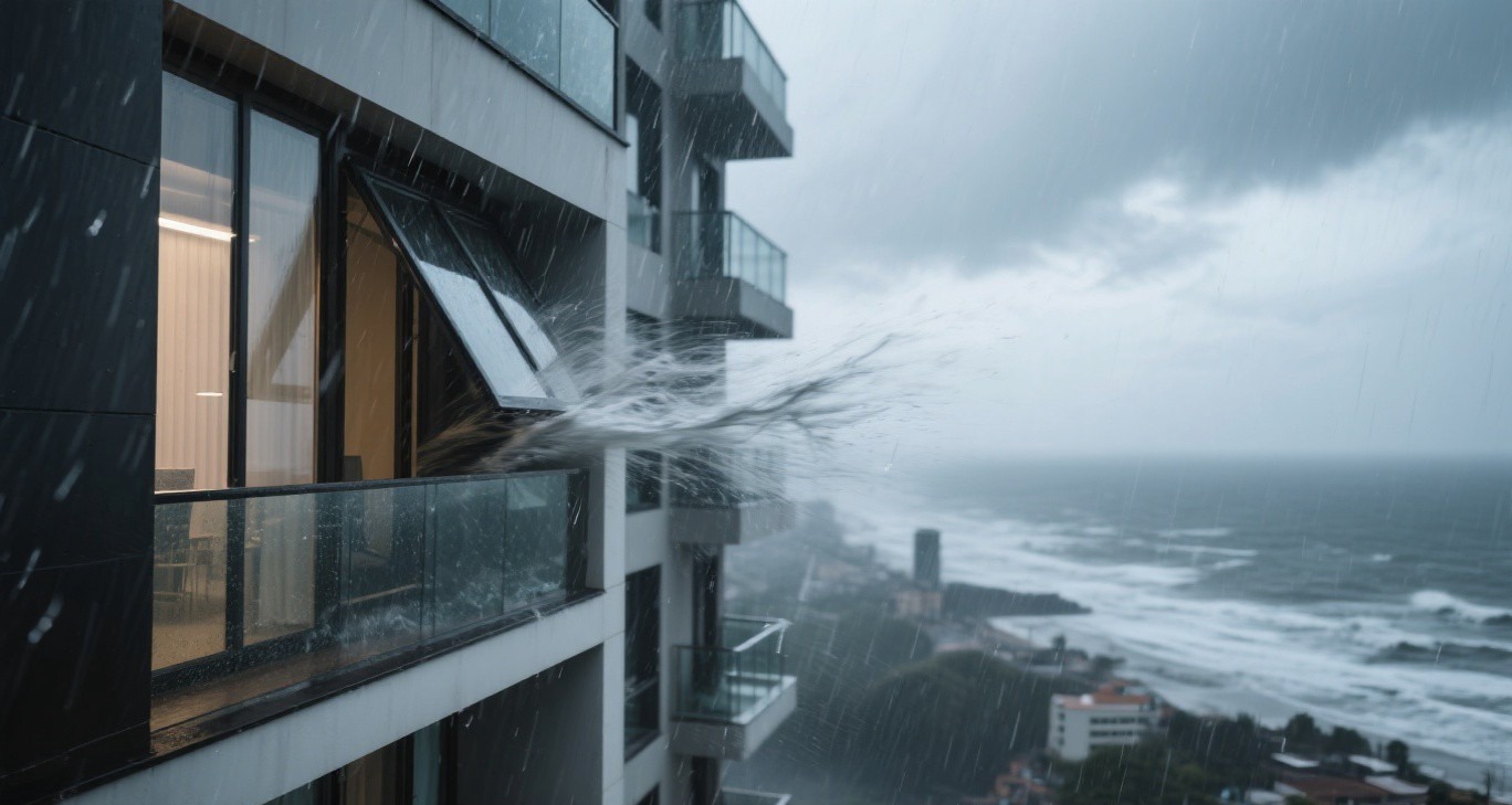 台风暴雨冲击窗户场景